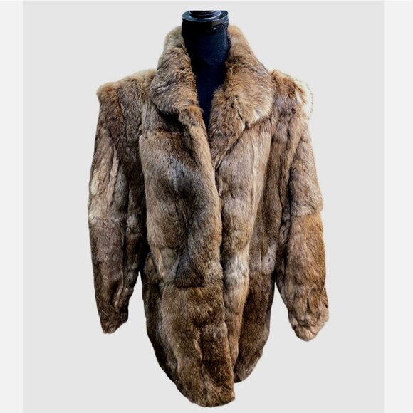 Vintage Wilsons Leather Real Rabbit Fur Coat Jacket Brown Women L Mobwife Glam - Picture 1 of 6